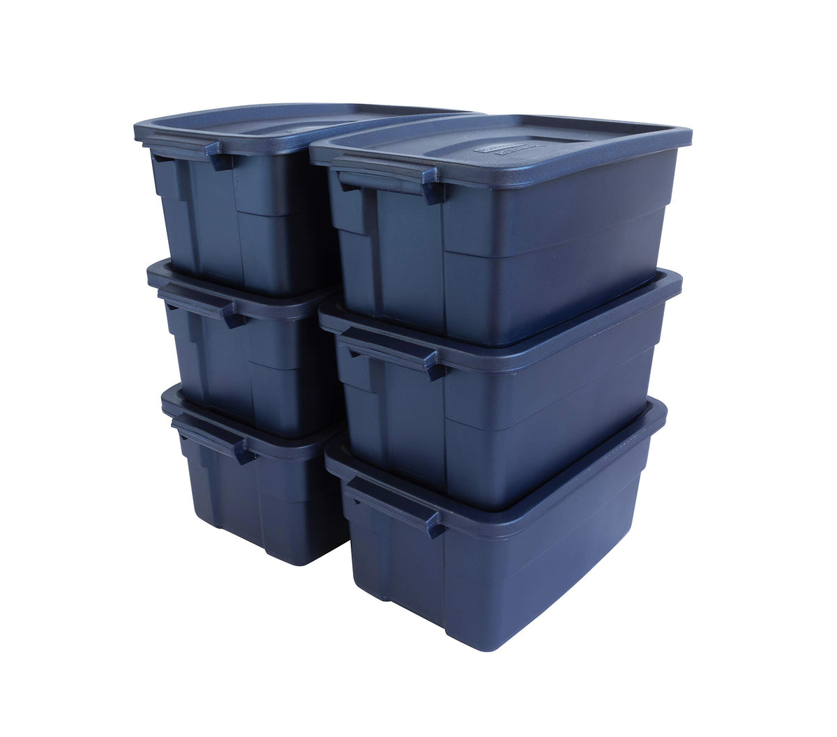 Rubbermaid Roughneck Tote 18 Gal, 6 Pack, Made in USA, Dark Indigo Metallic, Rugged Plastic Stackable Storage Bins with Lids and Handles
