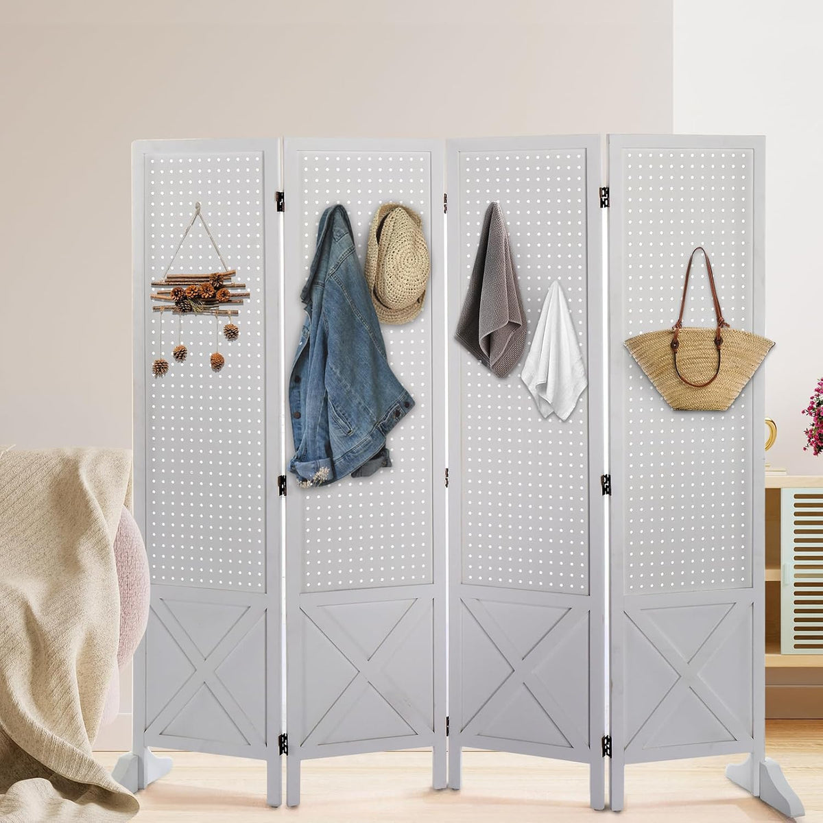 VINGLI Freestanding Pegboard with Support Feet, 5 FT Wood Room Divider Display Board Organizer, Folding Privacy Screen Partition Space Separator for Craft Shows Events Retail (White, 4 Panel)