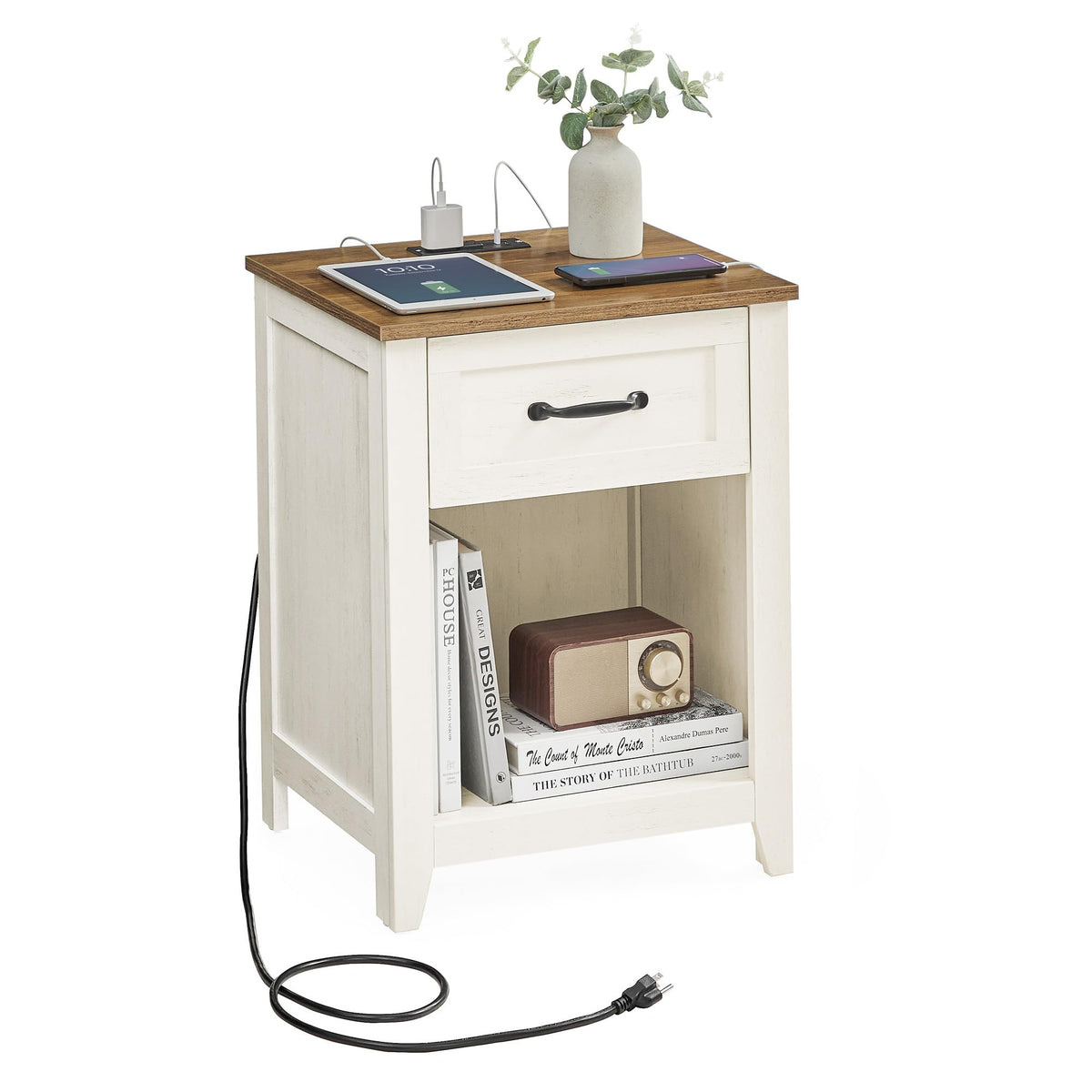 VASAGLE Farmhouse Nightstands with Charging Station, 1 Drawer, Set of 2
