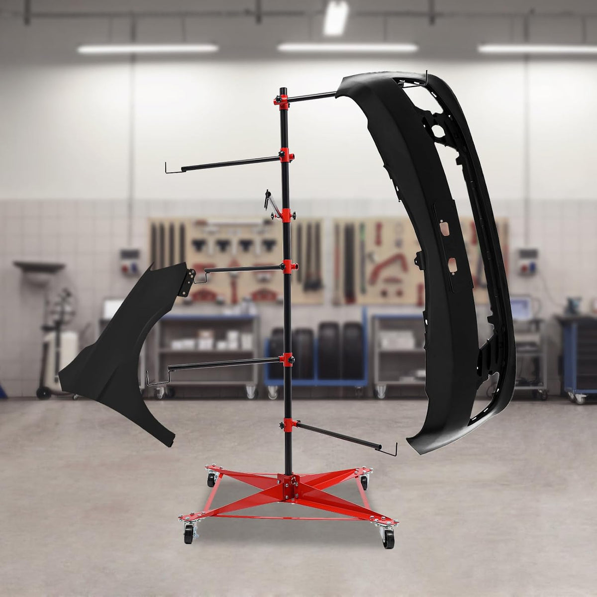 Panel Tree Paint Stand, 29.53”x 29.53”x70.87” Universal Auto Paint Stand Tree Panel Holder Hang Automotive Panels with Adjustable Center Post & 6 Hooks for Door, Fender, Bumper (29.53”x 29.53”x70.87”)