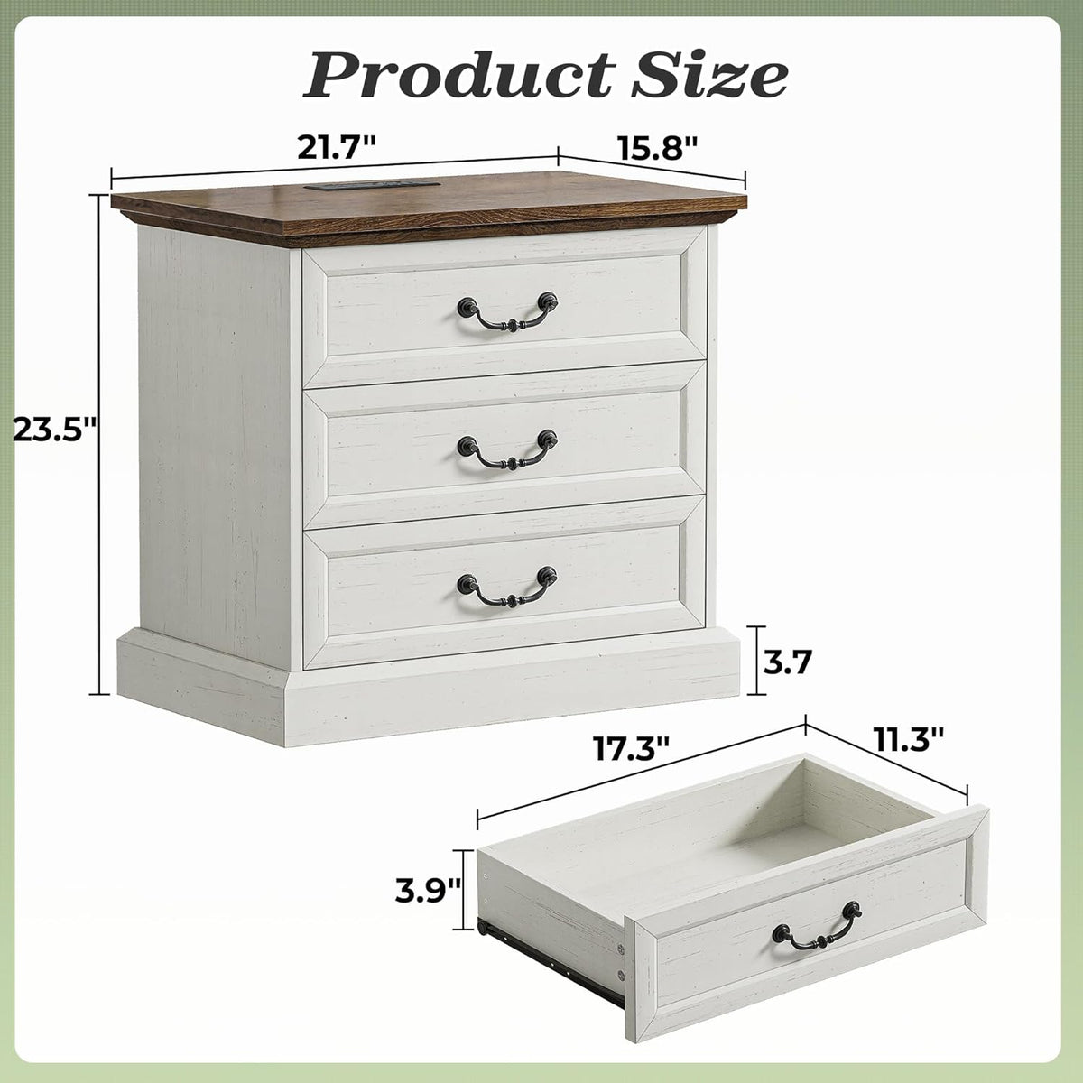 Huuger Nightstand with Charging Station, 3 Drawer Night Stand Set of 2