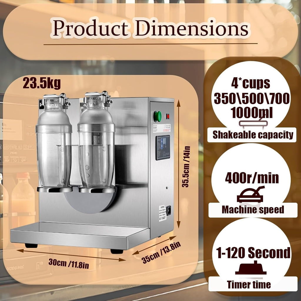 120W Electric Milk Tea Shaker, Double-Head Shaker Machine for Milk Tea & Cocktails, 360° Stainless Steel Automatic Shaker with 1-120s Timer, Fits 350-1000ml Cups (400 RPM), Ideal for Boba, Bartending