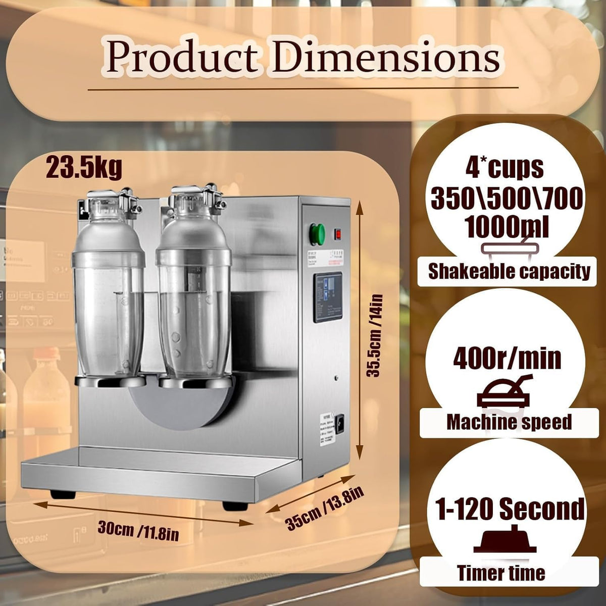 120W Electric Milk Tea Shaker, Double-Head Shaker Machine for Milk Tea & Cocktails, 360° Stainless Steel Automatic Shaker with 1-120s Timer, Fits 350-1000ml Cups (400 RPM), Ideal for Boba, Bartending
