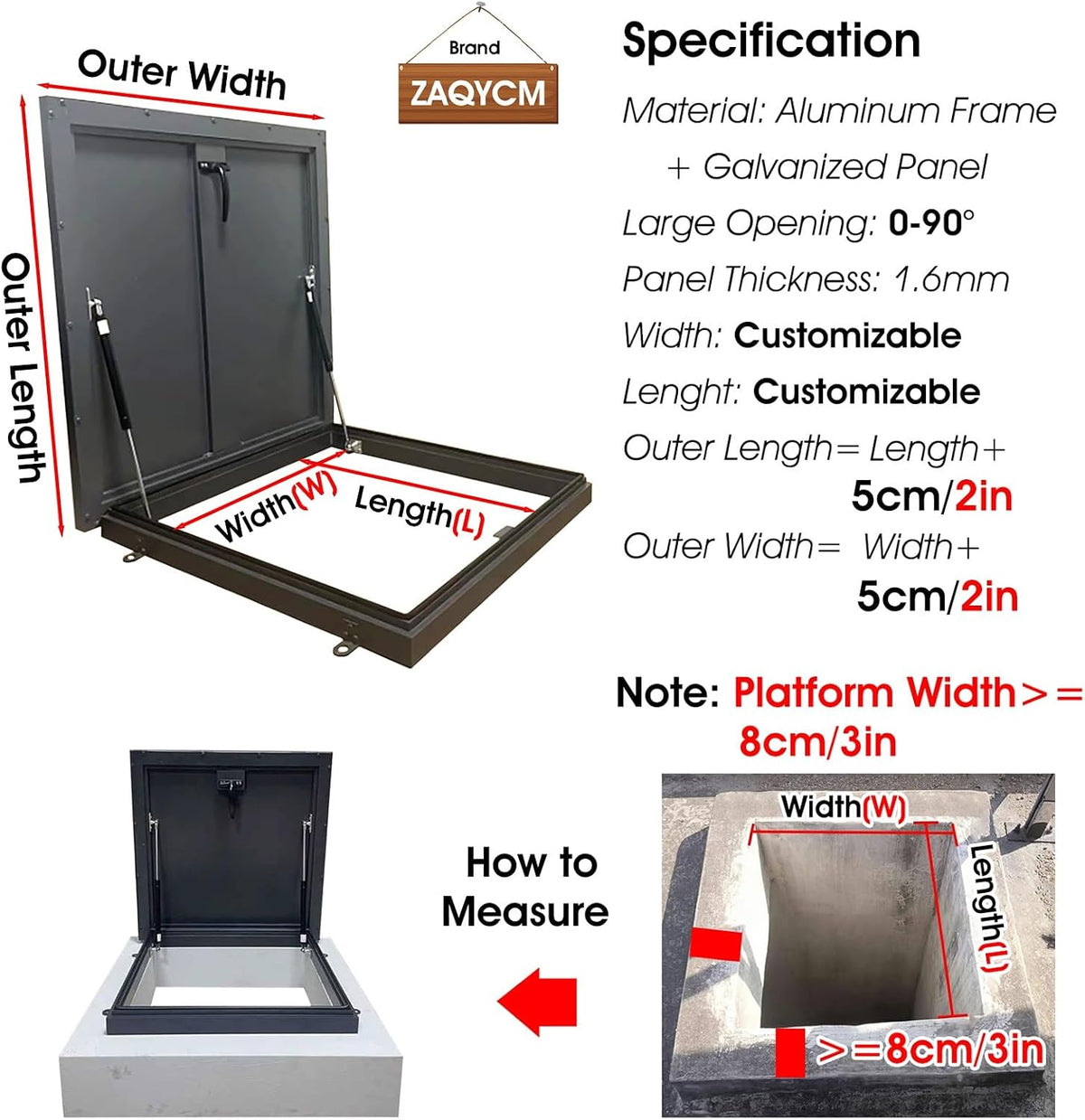 ZAQYCM Locking Flat Roof Access Hatch Door Black, Rooftop Hatch Cover Plate Rainproof, Metal Attic/Cellars Outlet Lid with Gas Shock Strut & Handle & Rubber Seal Strip(W 19in/48cm,L 24in/61cm)
