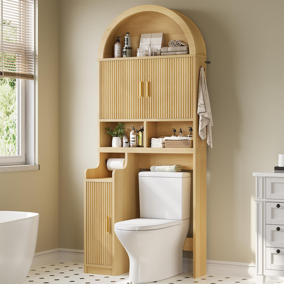 Itaar Over The Toilet Storage Cabinet, Over Toilet Bathroom Organizer with Glass Doors & Toilet Paper Holder Stand, Home Space-Saving Toilet Rack, for Bathroom, Restroom, Laundry(Black)