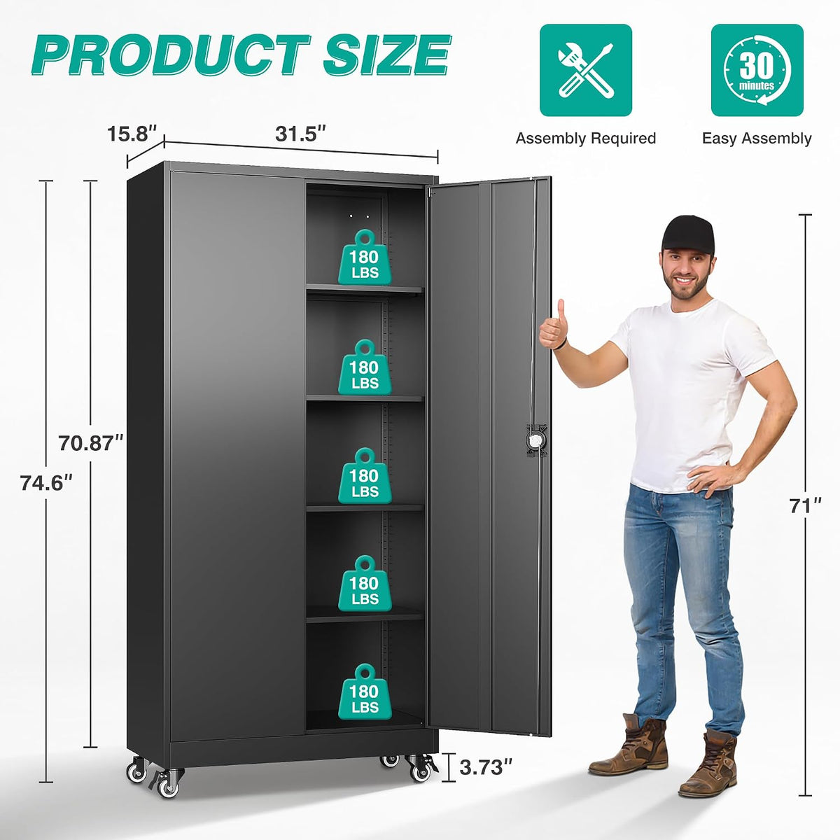 SISESOL 75" Tall Metal Storage Cabinet with Wheels,Rolling Garage Storage Cabinet with Lock,Black Metal Cabinets with Wheels and Shelves,Deep Heavy Duty Tool Locker for Garage,Home,Office,Shop
