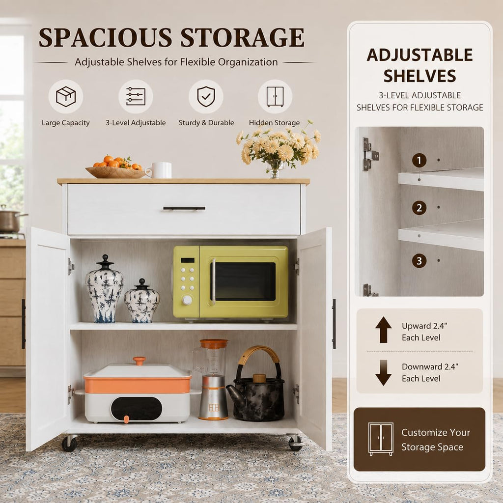 IRONCK Kitchen Island with Power Outlet, 3-Tier Side Storage Rack, White