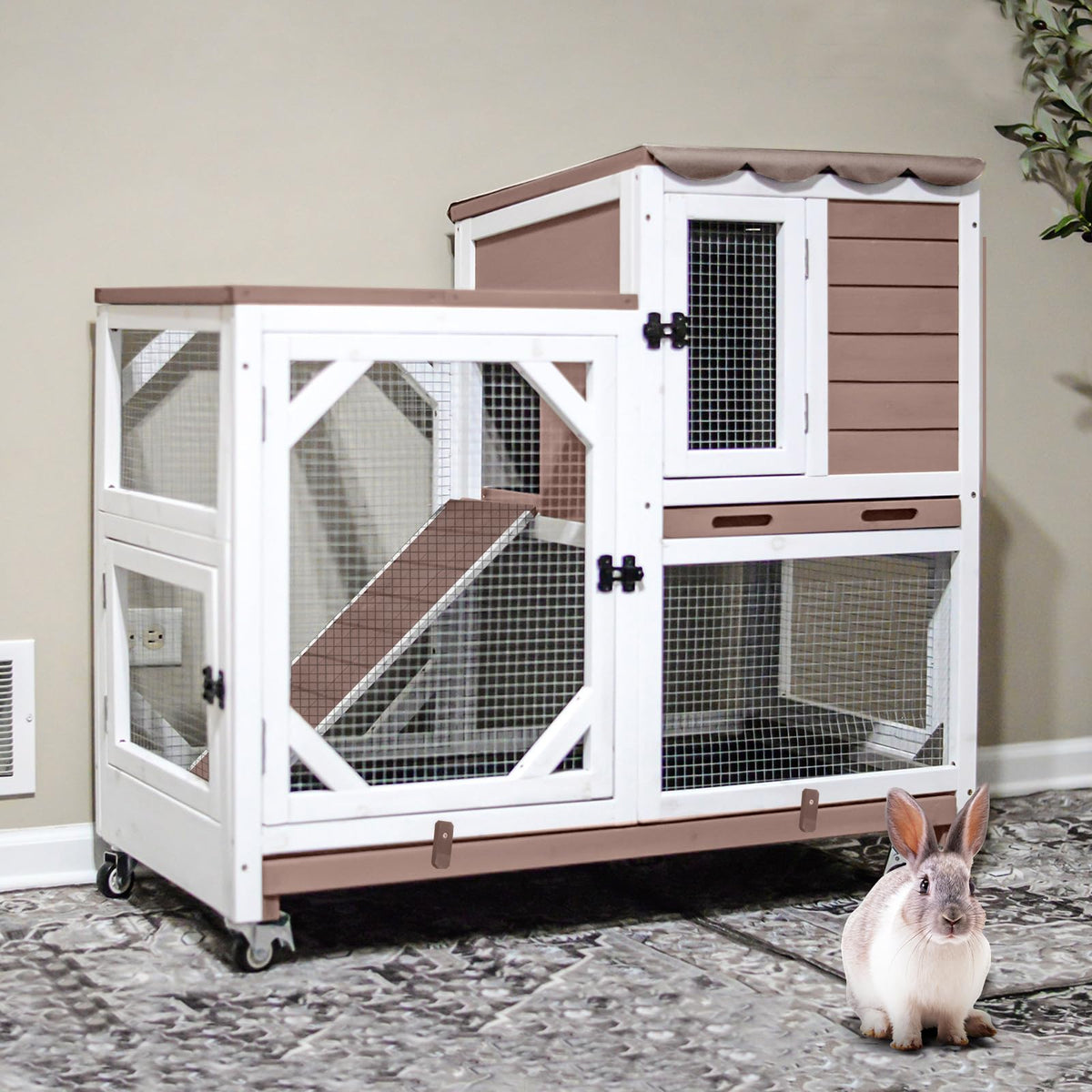 Gutinneen 2-Story Rabbit Hutch Bunny cage with Chew-Proof Ramp, Locking Leak-Proof Trays - Indoor/Outdoor 39.3" Wooden Rabbit Cage with Wheels for Rabbits, Guinea Pigs, Small Animal (Black and White)