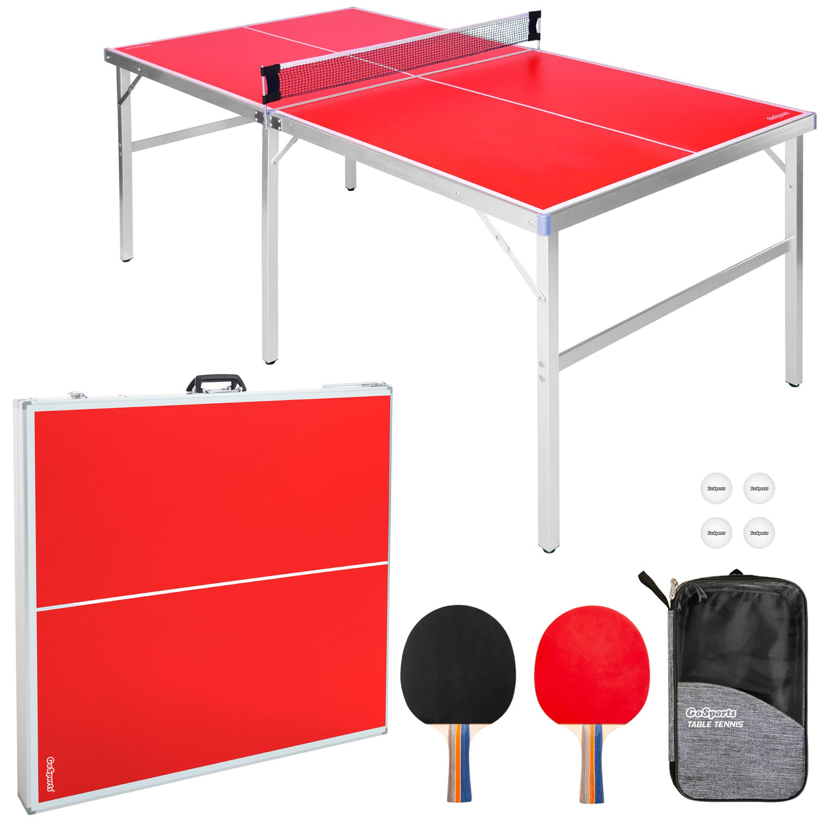 GoSports Mid-Size Table Tennis Game Set - Red or Blue - Indoor/Outdoor Portable Table Tennis Game with Net, 2 Table Tennis Paddles and 4 Balls