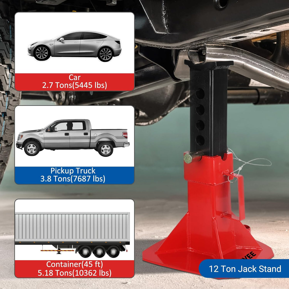 12 Ton Heavy Duty Pin Type Jack Stands with Lock Adjustable 11-18 Inch Automotive Support for Trucks Trailers Cars SUVs Professional Garage Home Use Red 1 Pair