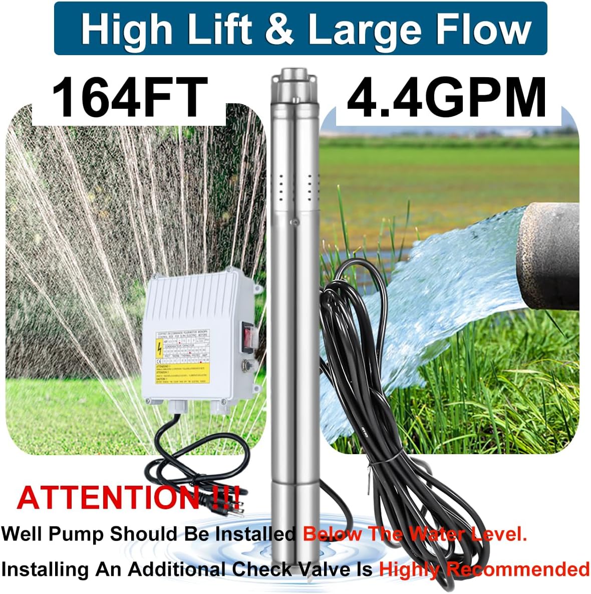 2" Deep Well Submersible Pump with Control Box, 1/2HP 110V Deep Well Pump