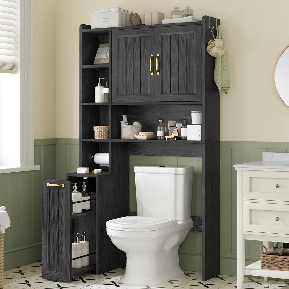 UPOSOJA Over The Toilet Storage Cabinet with Pulley Small Bathroom Storage Cabinet, Space Saver W/Adjustable Shelf & Open Shelf for Bathroom, Restroom, Laundry (White)