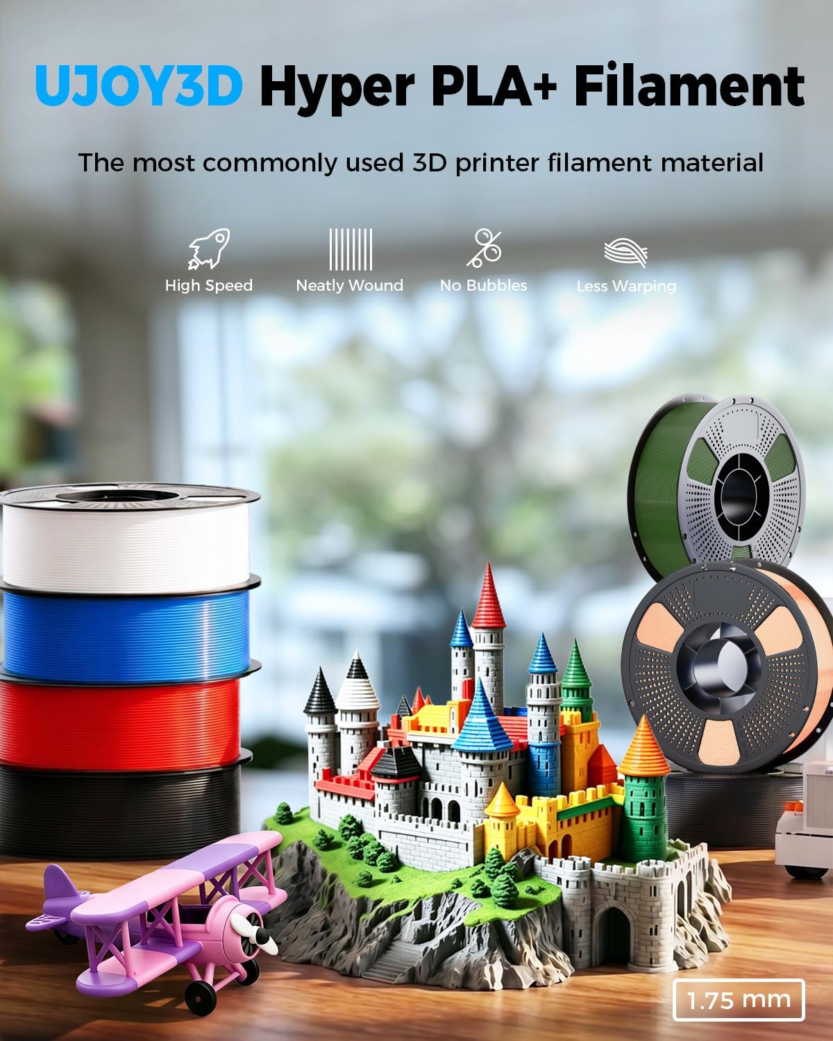 UJOY3D 10kg Hyper PLA+ 3D Printer Filament Bundle, Upgraded PLA+ Filament 1.75mm, 1kg Spool 10 Pack, Black+Cream White+Grey+Red+Cobalt Blue+Green+Christmas Green+Orange Yellow+Coffee Brown+Iris Purple