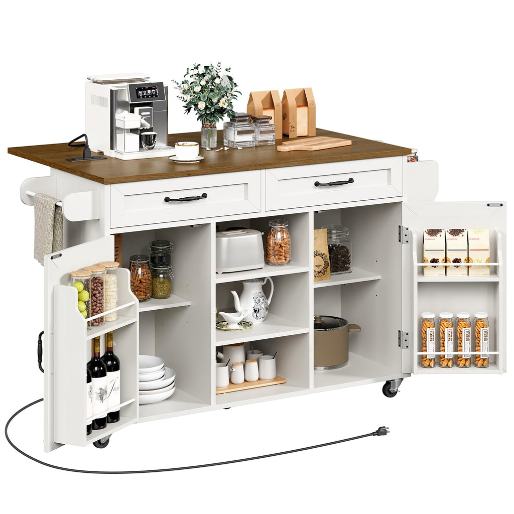 RALGEND Kitchen Island with Power Outlets & Drop Leaf, Kitchen Cart with Storage, Drawer and Spice Rack, Tower Rack, Island Table, Black and Rustic Brown