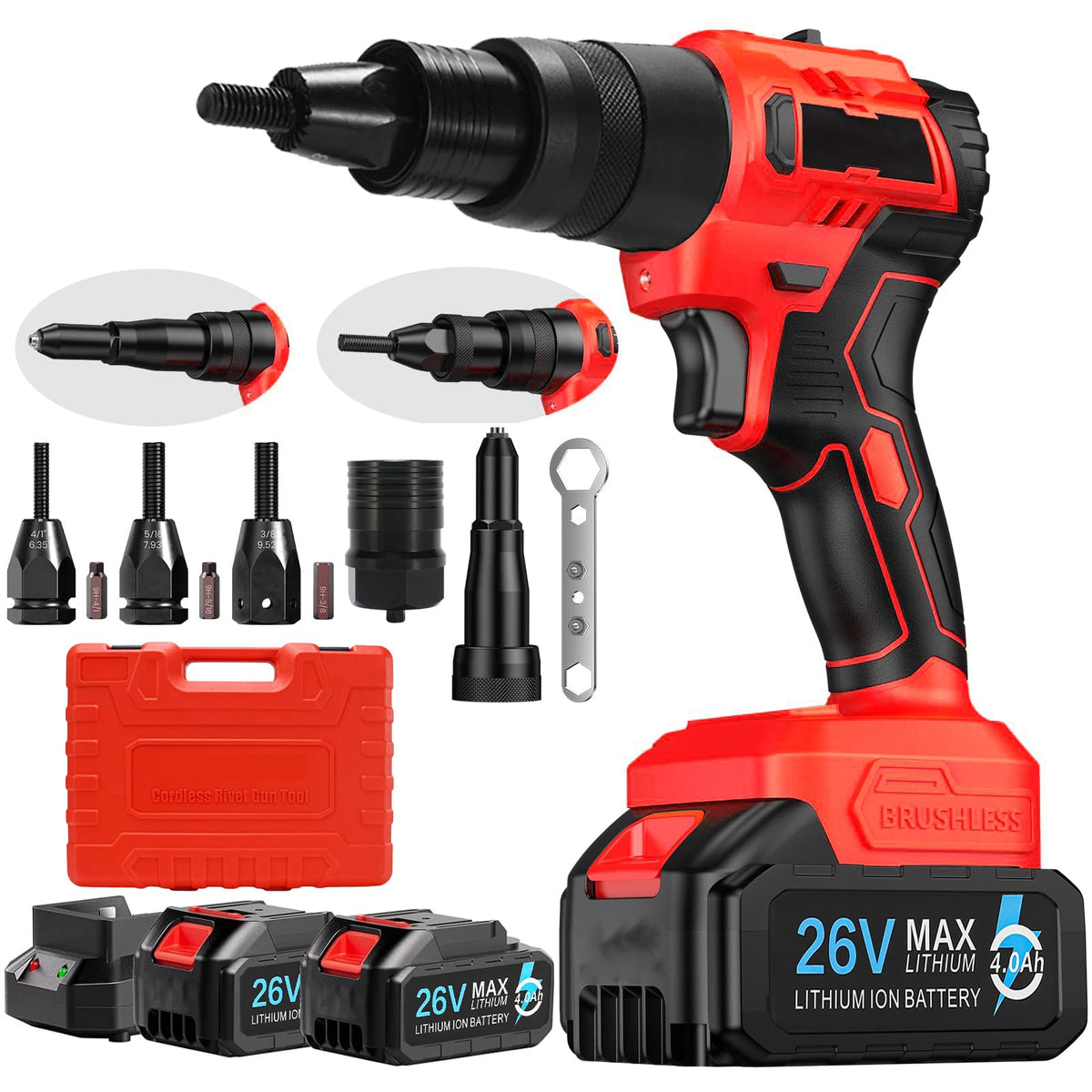 Cordless Rivet Gun,26V Portable Battery Powered Riveter Rivnut Insert Installation Tool with 2PCS Battery and Charger,Automatic Brushless Riveter Tool Kit for 1/8", 5/32", 3/16" Rivets (1 Battery)