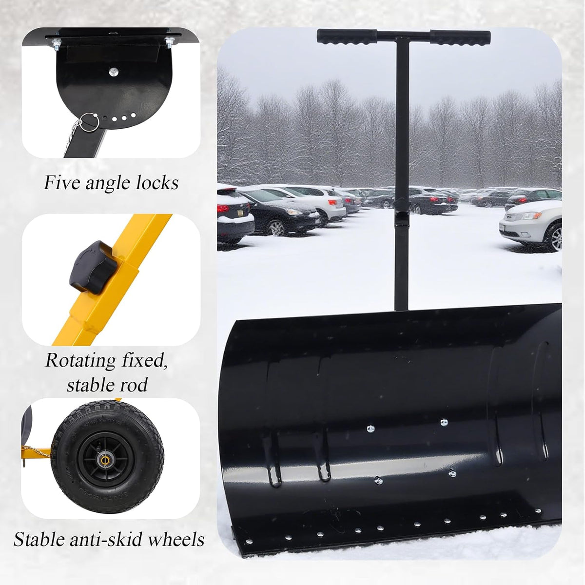 Snow Shovel with Wheels, Snow Pusher, Cushioned Adjustable Angle Handle Snow Removal Tool, 29" Blade Snow Plow, 10" Wheels (Black)