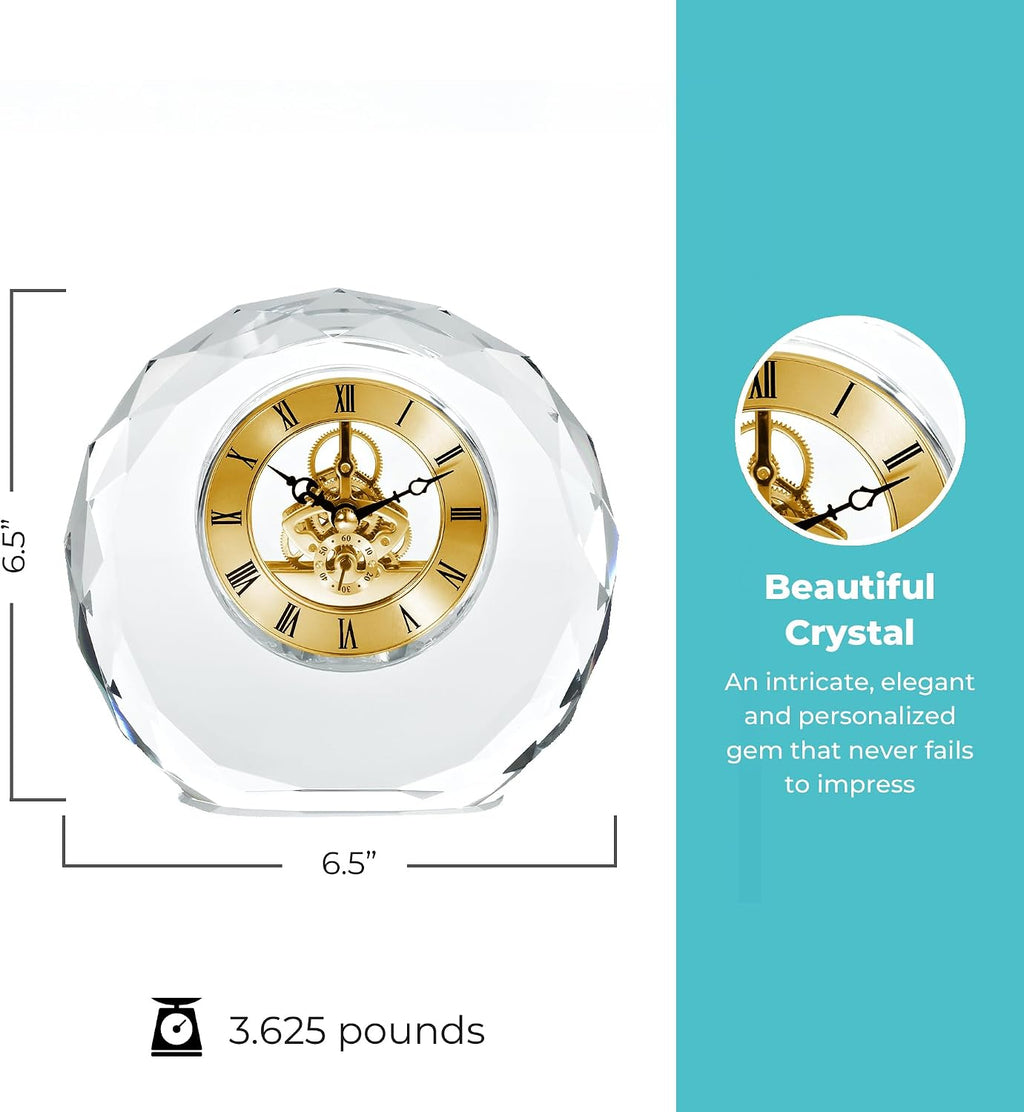Engraved Clock Trophy - Gold Executive Crystal - Round Beveled Skeleton