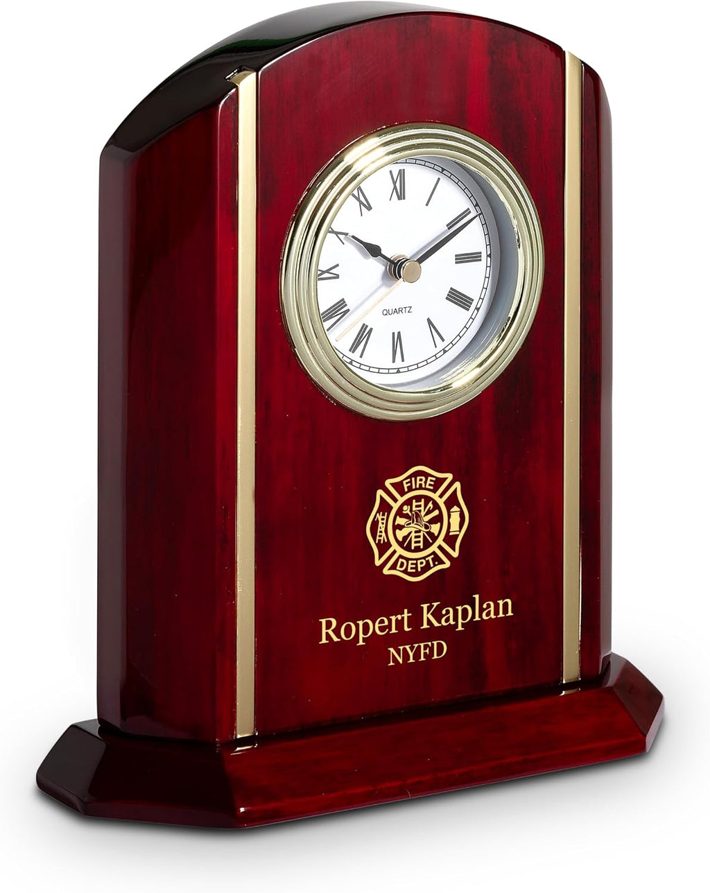 Executive Gift Shoppe | Elite Collection Firefighter Theme Personalized Rosewood Desk Clock with Gold Accents