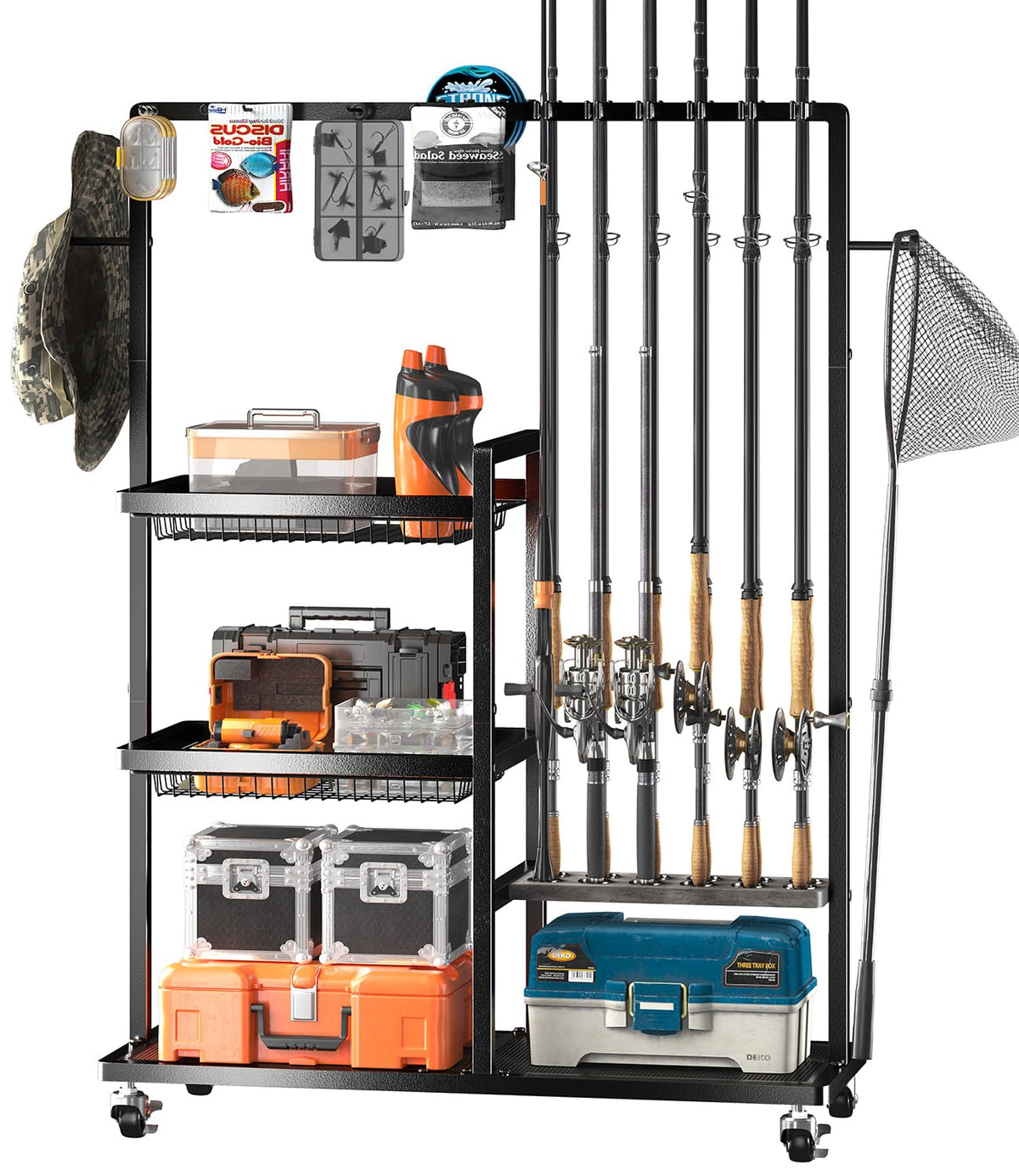 SOYEEZE Fishing Rod Holders for Garage,Fishing Gear Holder for Fishing Rod Tackle Box Storage，Fishing Pole Holders for 12 Rods with Hooks and Pegboard,Fishing Cart with Reel Rack, Large Size