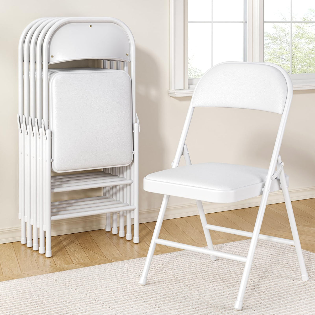Folding Chairs 4 Pack,350 lbs Heavy Duty Metal Frame Folding Chairs with PU Leather Padded Seat,Ergonomic Portable Foldable Chair with Non-Slip Rubber Feet for Indoor Outdoor Wedding Patio Party,Black