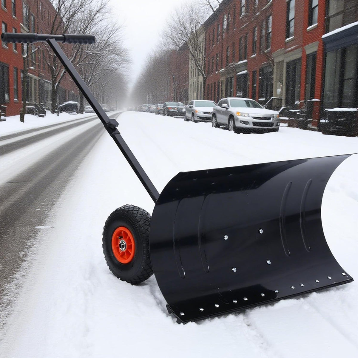 Snow Shovel with Wheels, Snow Pusher, Cushioned Adjustable Angle Handle Snow Removal Tool, 29" Blade Snow Plow, 10" Wheels (Black)
