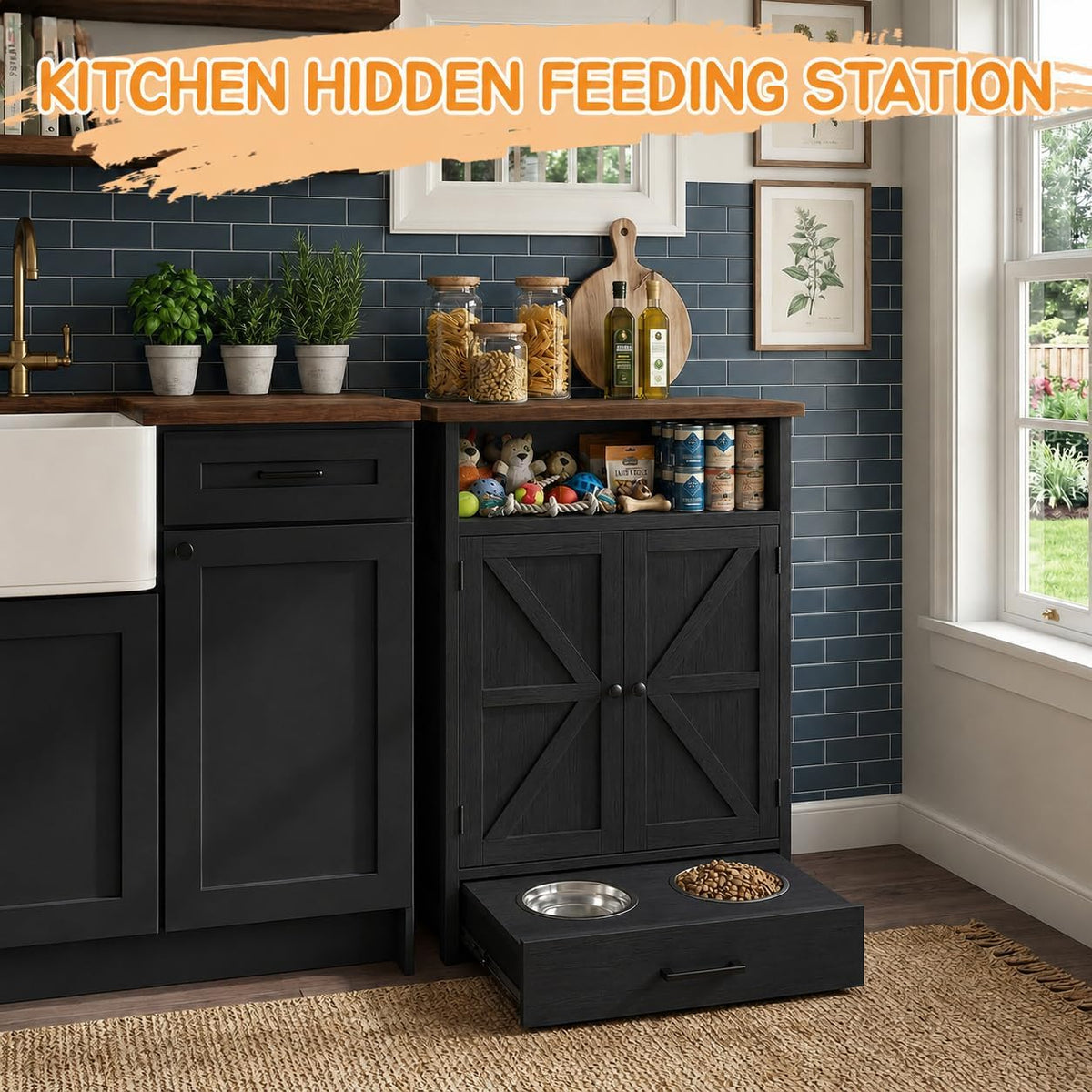 Dog Feeding Station with Storage Cabinet, Raised 2 Elevated Dog Bowls with Hidden Drawer, Pet Feeding Station with Storage, Dog Food Storage Cabinet with 3 Side Hooks, Pet Storage Station