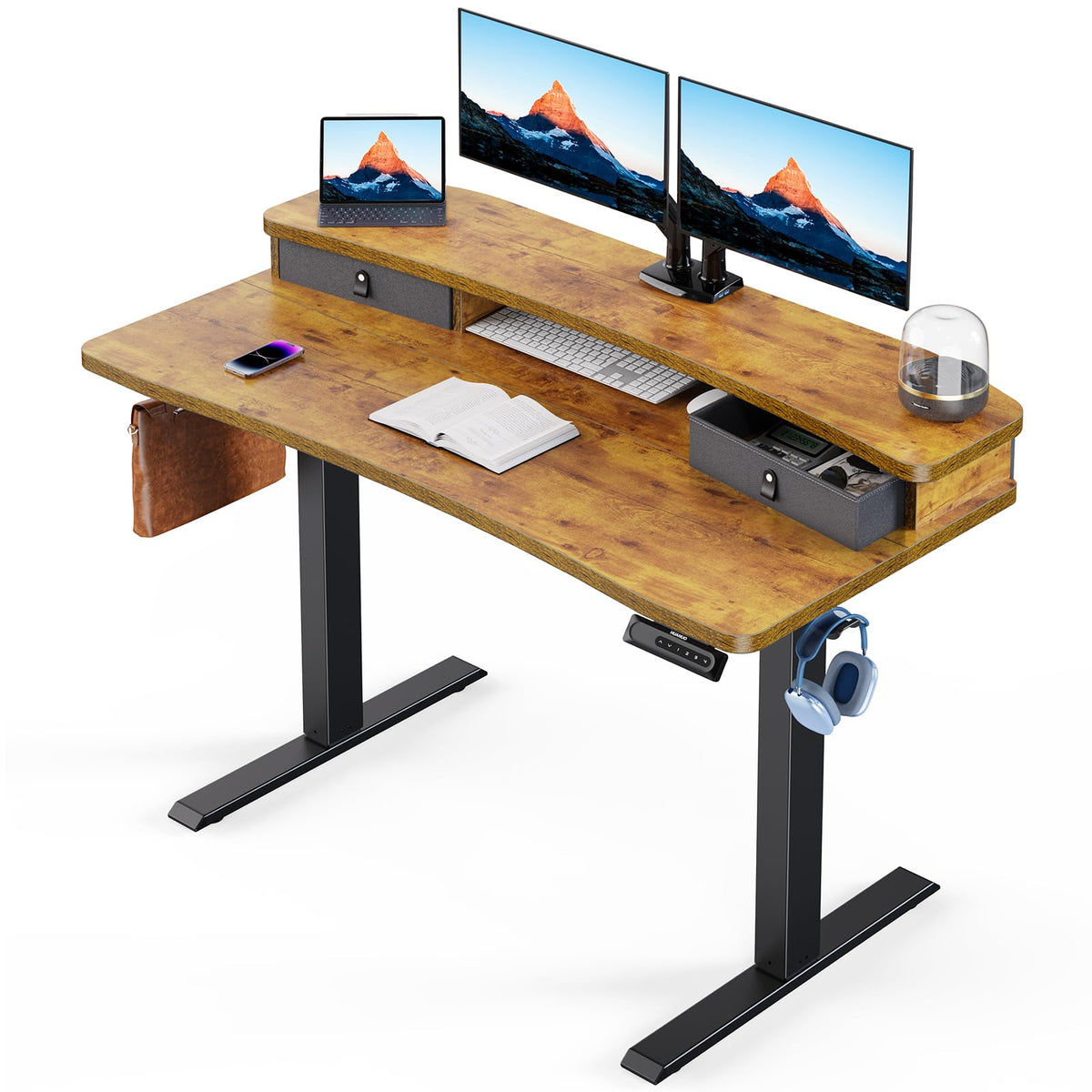 HUANUO 48″ x 28″ Electric Standing Desk with 2 Drawers, C-Clamp Mount Compatible, Height Adjustable Computer Desk, Home Office Stand Up Desk with 4 Preset Heights & 2 Hooks, Black