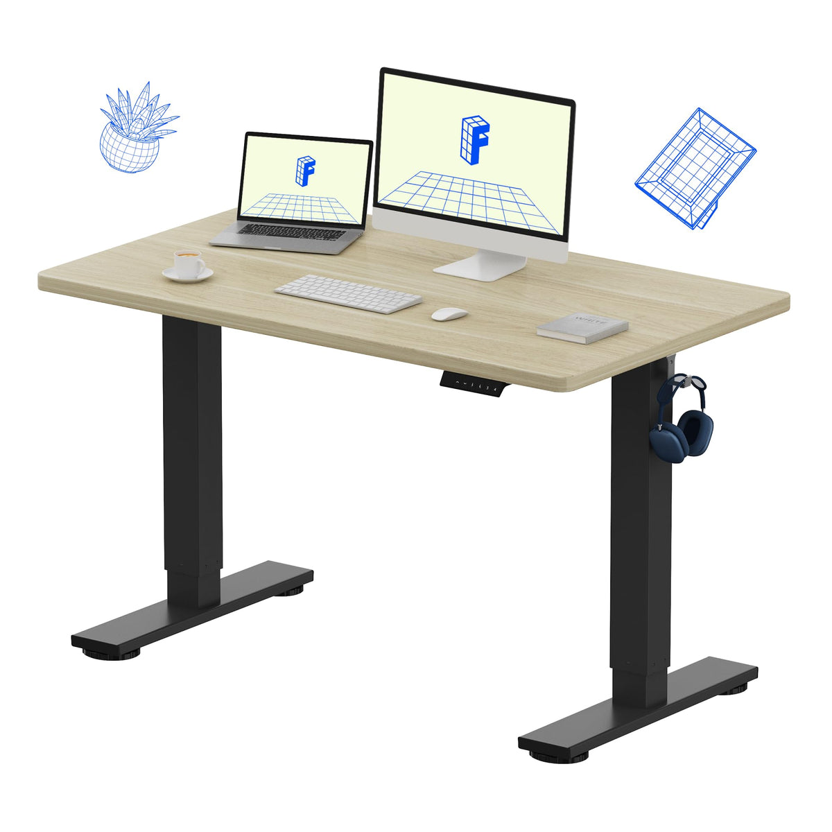 FLEXISPOT EN1 One-Piece Standing Desk, Electric Adjustable with 4 Memory Presets, 176 LBS Capacity, Stable & Quiet, Seamless Desktop for Home Office & Dual Monitors, 48"x24" Maple(White Frame)