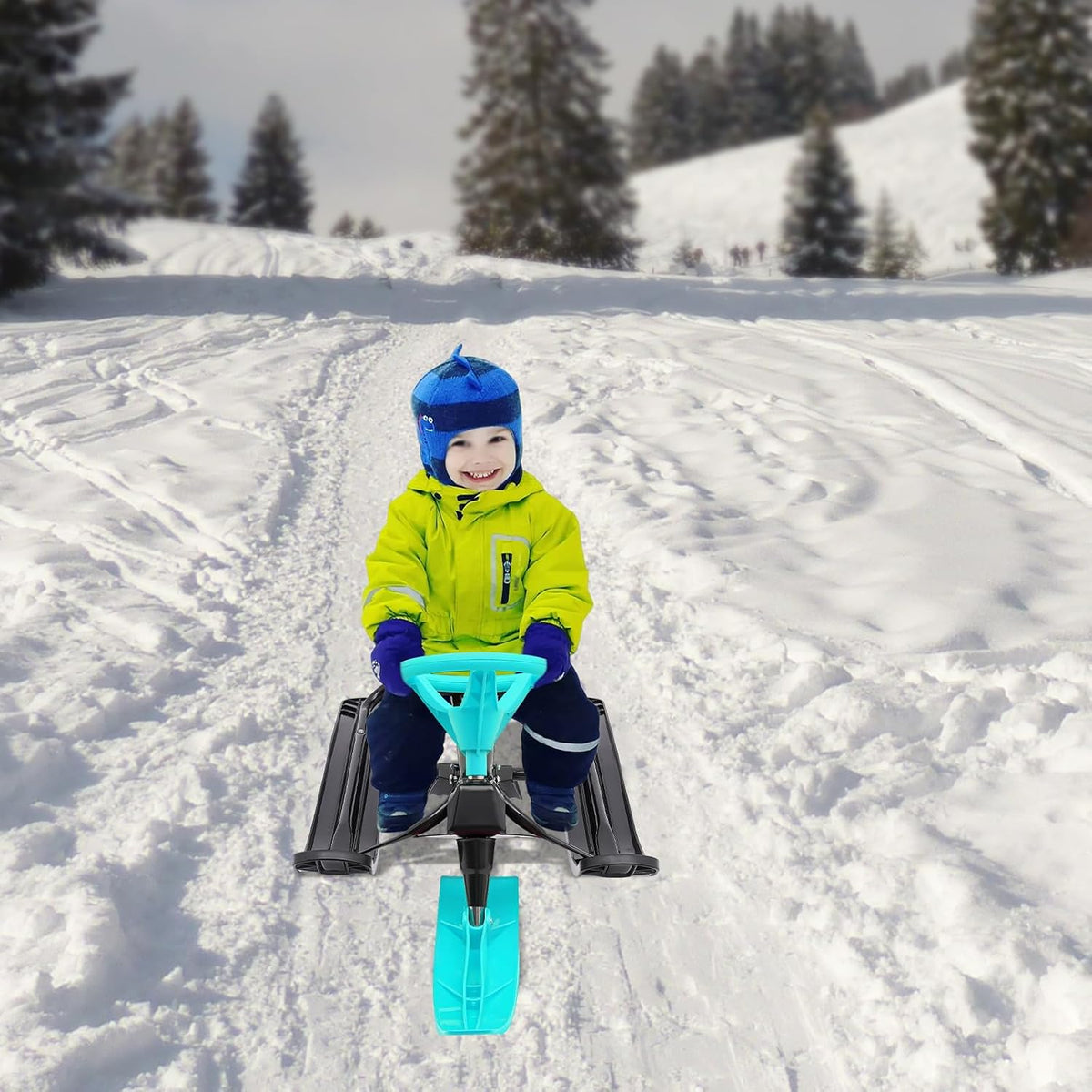 Snow Racer Sled, 18 in Ski Sled Slider Board with Flexible Steering Wheel, Two Serrated Brakes for Kids and Adult, Kids Teens Winter Sport Ski Sled Board- Ideal Gift - Max Weight 220.5lb