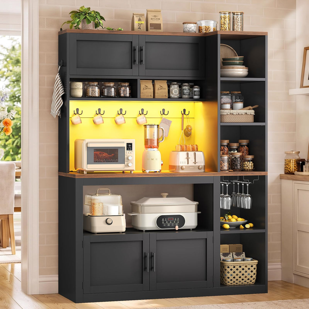 Itaar Farmhouse Bakers Rack Coffee Bar Cabinet with Storage, Power Outlet
