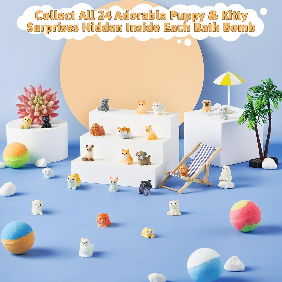 24 Pack Kids Bath Bombs with Surprise Puppy & Cat Toys, Kid-Safe Gift Set