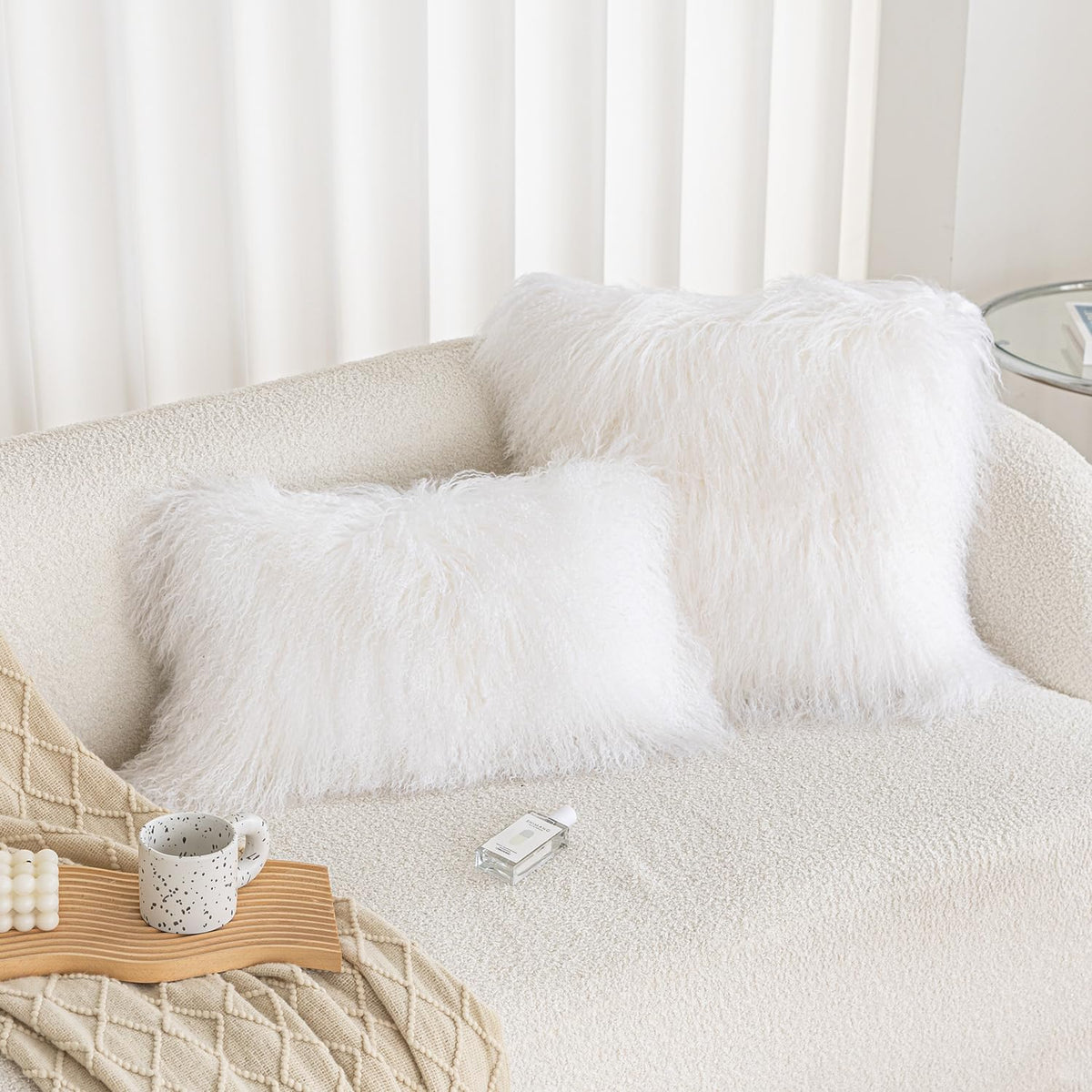 Real 100% Tibetan Mongolian Lamb Sheepskin Wool Fur Throw Pillow Covers White 24x24 Inch, Super Soft Plush Leather Accent Pillowcase Decorative Cushion Cover for Living Room Bedroom