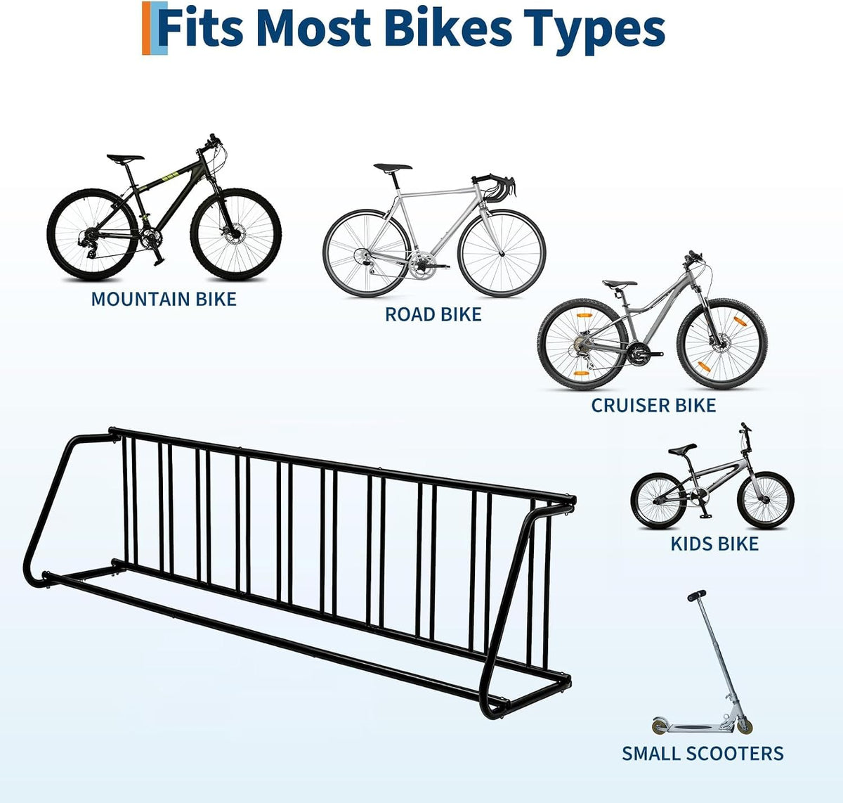Floor Bike Rack, Single-Sided Parking Stand for 10 Bicycles, 122" Length, Heavy Duty Metal Floor Bike Stand for Garages, Streets, Yards and Bike Events