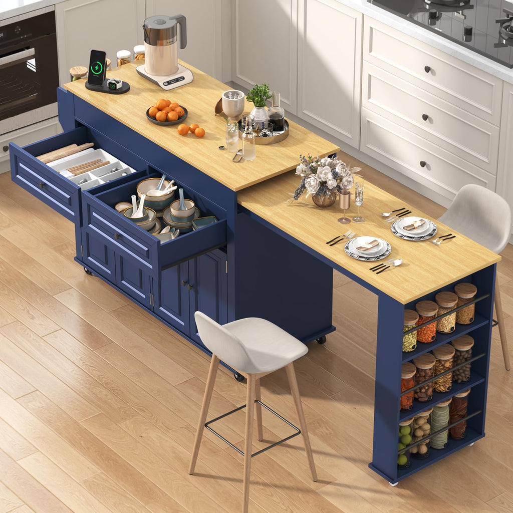 80"-48" Extendable Kitchen Island with Extended Dining Table and Power Outlet,Large Mobile Kitchen Storage Islands with 2 Storage Drawers,Rolling Islands Cart with 3 Extra Rows Open Shelves(White)