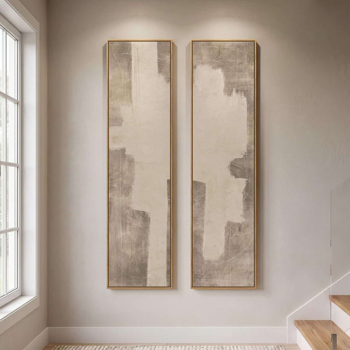 Large Framed Beige Cream Abstract Vertical Wall Art for Hallway, 2 Piece