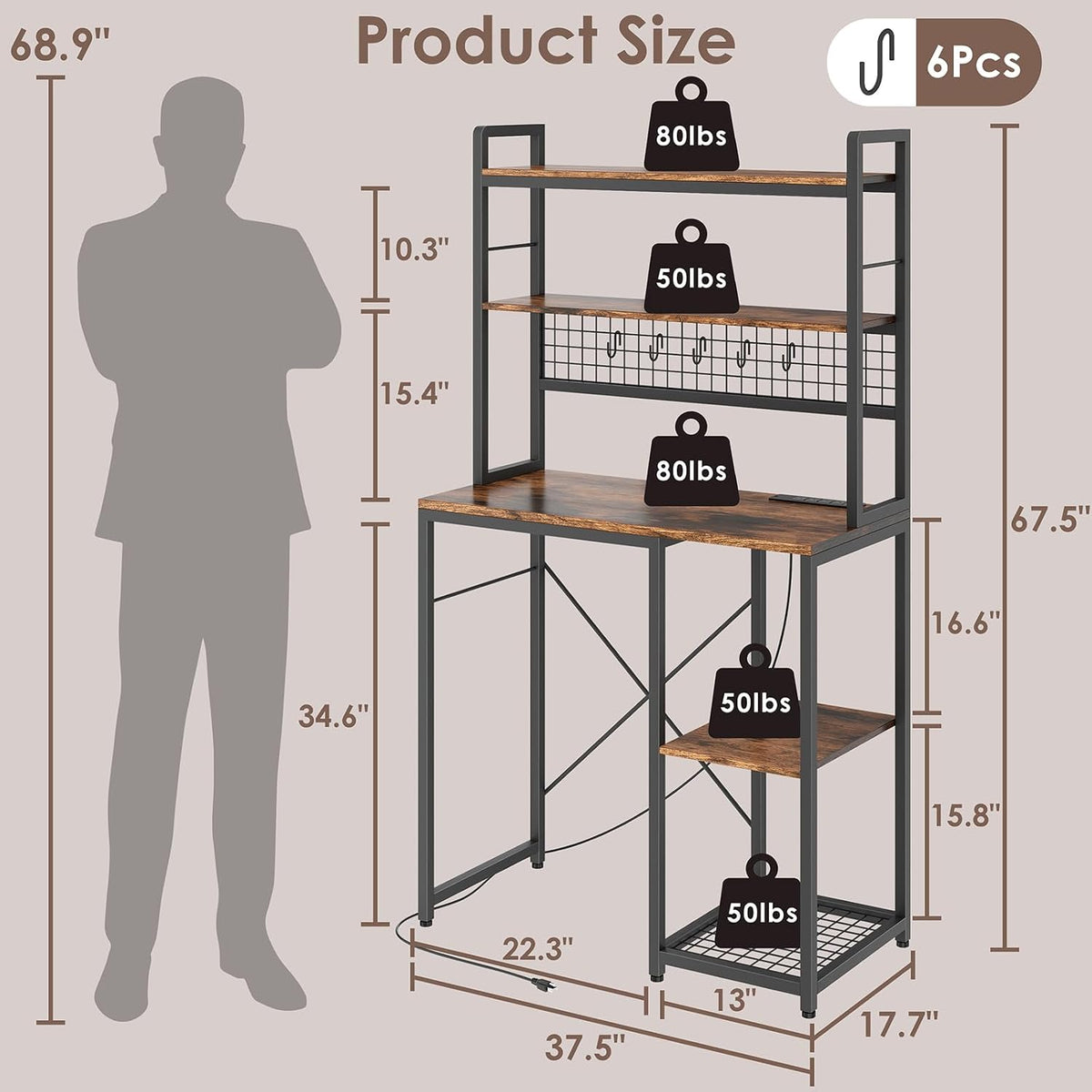 Multi-Functional Mini Fridge Stand, Mini Fridge and Microwave Storage Shelves with Power Outlet, Large Bakers Rack and Storage for Kitchen Appliances, Perfect for Dorm Kitchen Coffee Bar