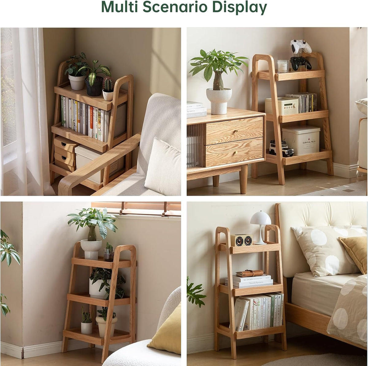 100% Solid Oak 3 Tier Ladder Shelf for Saving Space, Small Bookshelf with Stable Frame, Free Standing Ladder Shelves for Living Room Bedroom Couch, (Natural, 25.6" W x 13.4" L x 36.2" H)
