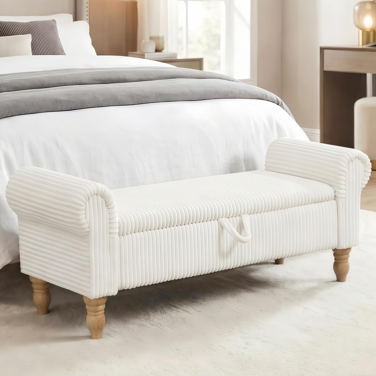 55" Corduroy Storage Ottoman Bench, Queen Bed, Grey