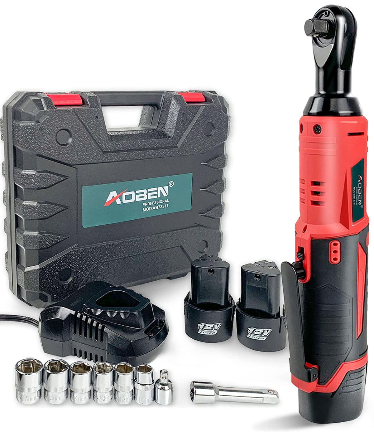AOBEN Cordless Ratchet Wrench Kit,3/8" ratchet,40 Ft-lbs Electric Power Ratchet Set with Variable Speed Trigger,2 Packs 2000mAh Lithium-Ion Battery And Charger,83 Sockets