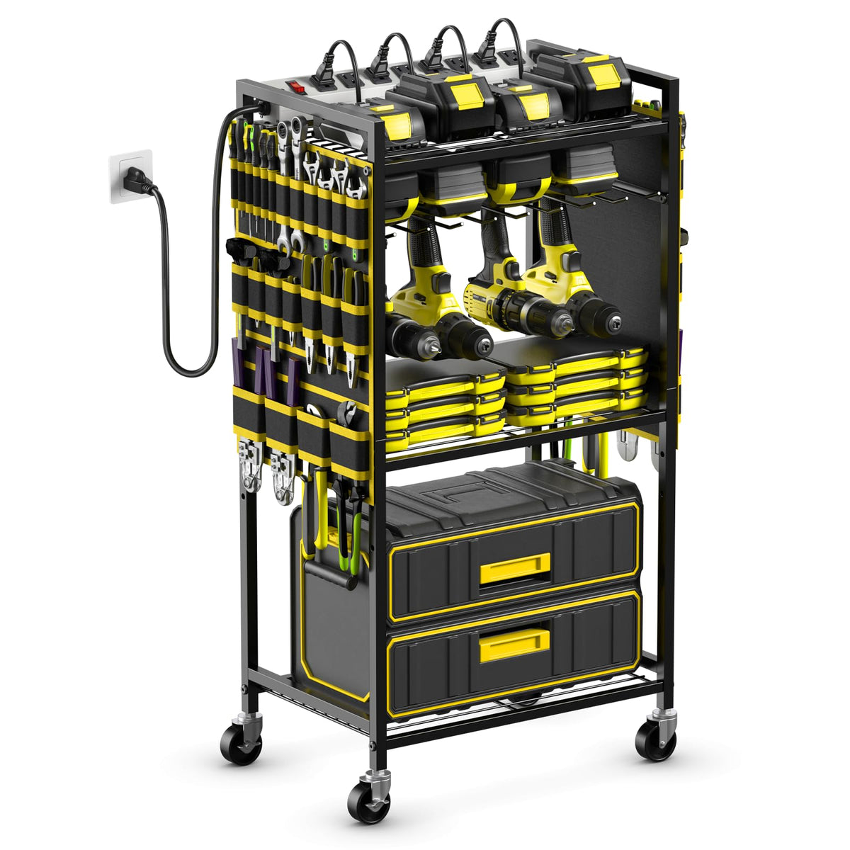 JUNNUJ Power Tool Organizer Cart with Charging Station, 6 FT Cord, Black