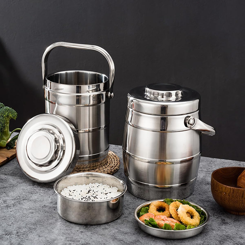Non Magnetic Stainless Steel Double-Layer Insulation Lunch Box Bowl Drum Vacuum Bucket Convenient Rice Soup,8.0L