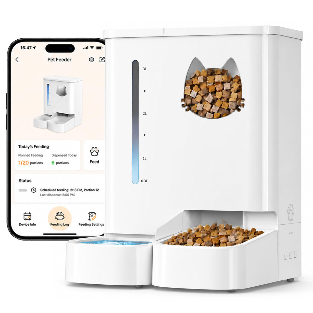 Waithem Automatic Cat Feeder with Camera, 5GHz/2.4GHz WiFi Smart Pet Food Dispenser with HD Night Vision, App Remote Control, 2-in-1 Food and Water Station, Detachable for Cleaning (Ice White)