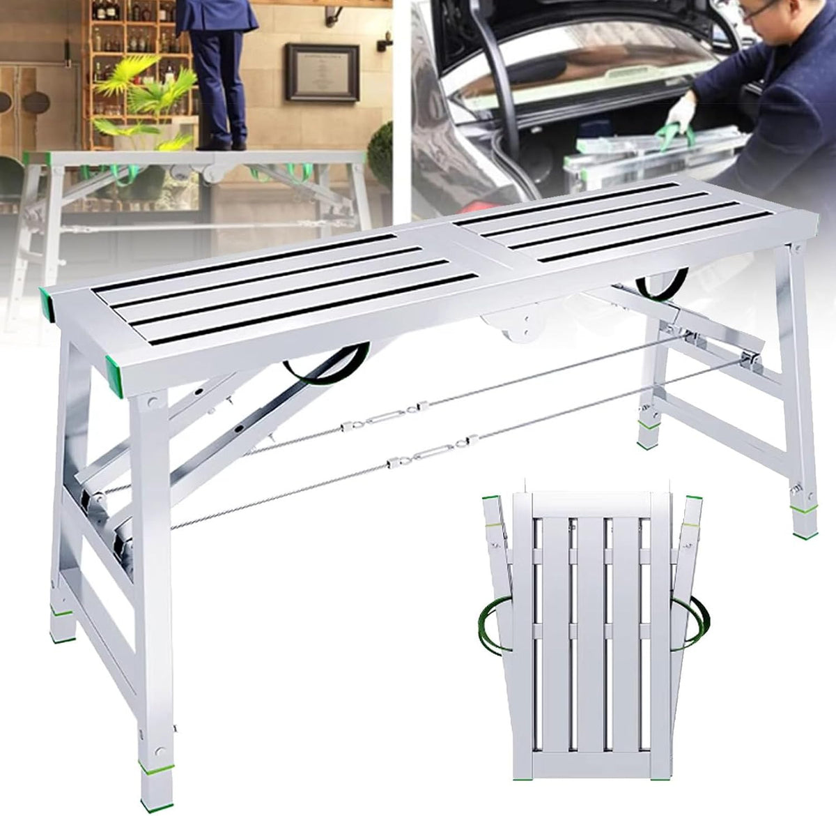 Multipurpose Work Platform with 400 kg Duty Rating, Portable Folding Scaffolding Work Platform Scaffold Tower Ladder Stool Bench Adjustable Height, Carbon Steel Structure,160×40cm