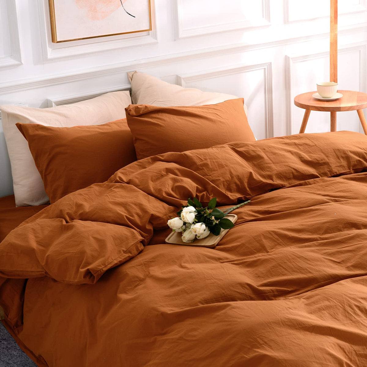 NEXHOME PRO Duvet Cover Set Queen Size Linen Look Textured 100% Washed Cotton Duvet Cover Burgundy Dark Red 3 Pieces Bedding Set with Zipper Closure,Breathable, Soft Organic Natural(No Comforter)