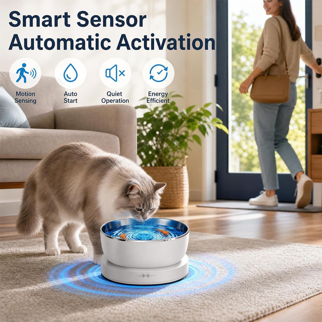 Smart Magnetic Cat Water Fountain - 304 Wireless Motion-Activated Cat Water Fountain Stainless Steel with Fish Motion, 27oz Cat Water Fountain for Cats & Small Dogs, Dishwasher Safe, No Noise