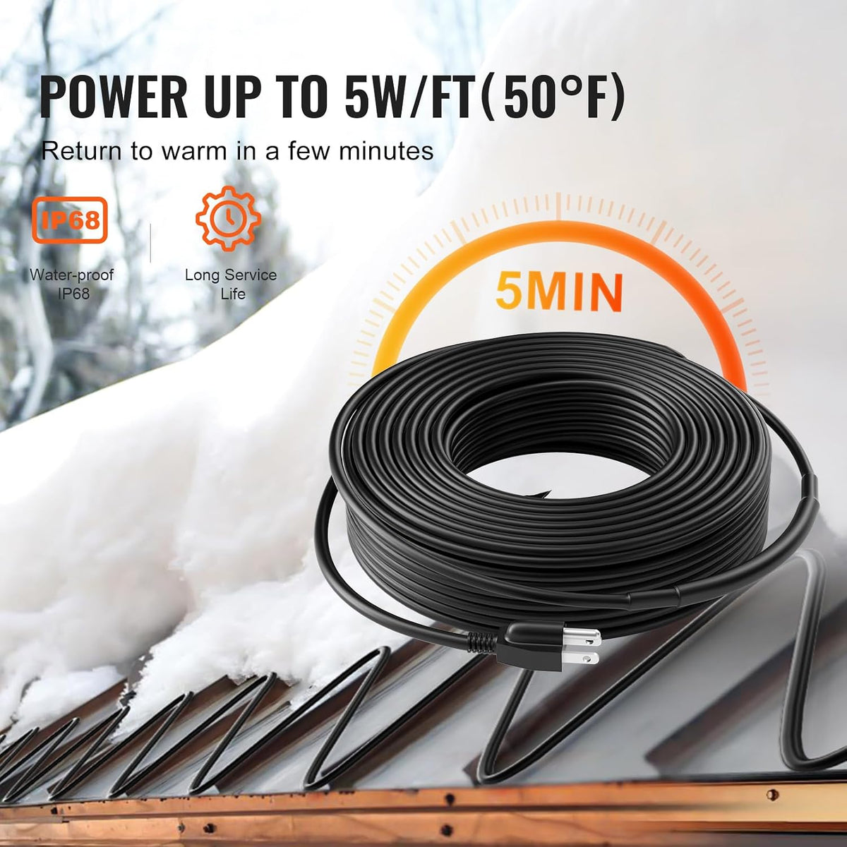 VEVOR Self-Regulating Pipe Heating Cable, 140FT 5W/FT Heat Tape for Pipes, Roof Snow Melting De-icing, Gutter and Pipe Freeze Protection