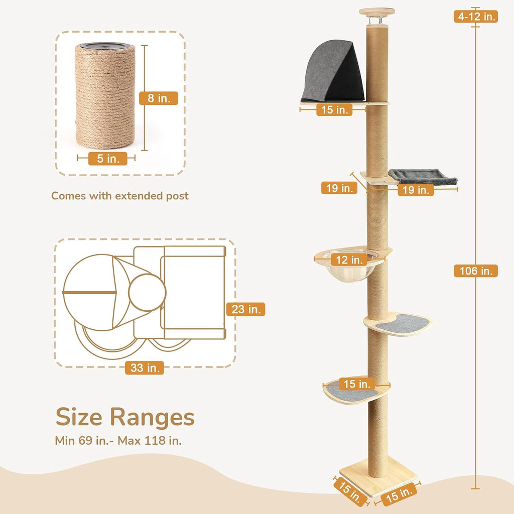 FUKUMARU Floor to Ceiling Cat Tree, 6-10 ft, 6 Level, Grey