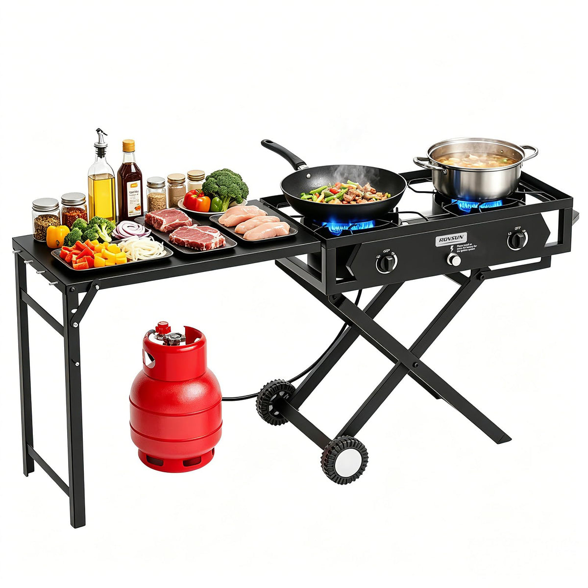 ROVSUN Single Burner Gas Stove with Side Shelf, 100,000BTU Portable Propane Stove with Removable Leg & Regulator for Camping Home Backyard Outdoor Cooking Brewing Canning Turkey Frying