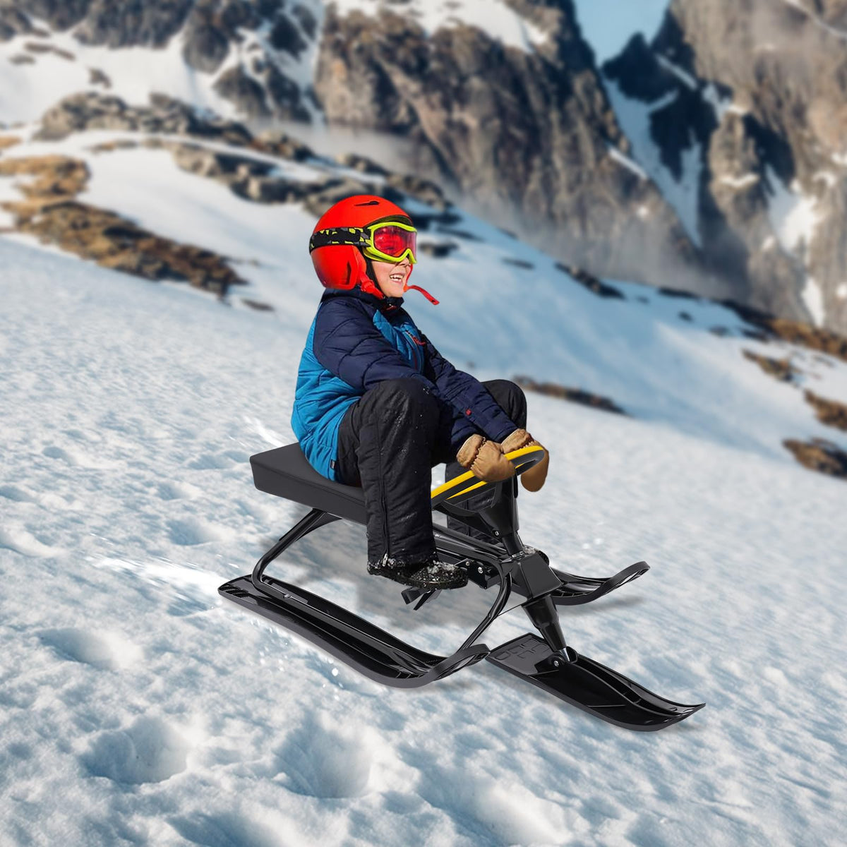 Snow Racer Sled, 220Lbs Capacity Ski Sled Slider Board Kids Teens Winter Sport Sled Metal Snow Sand Grass Slider w/Steering Wheel & Double Brakes for Skiing Ice Skating Sand Skating