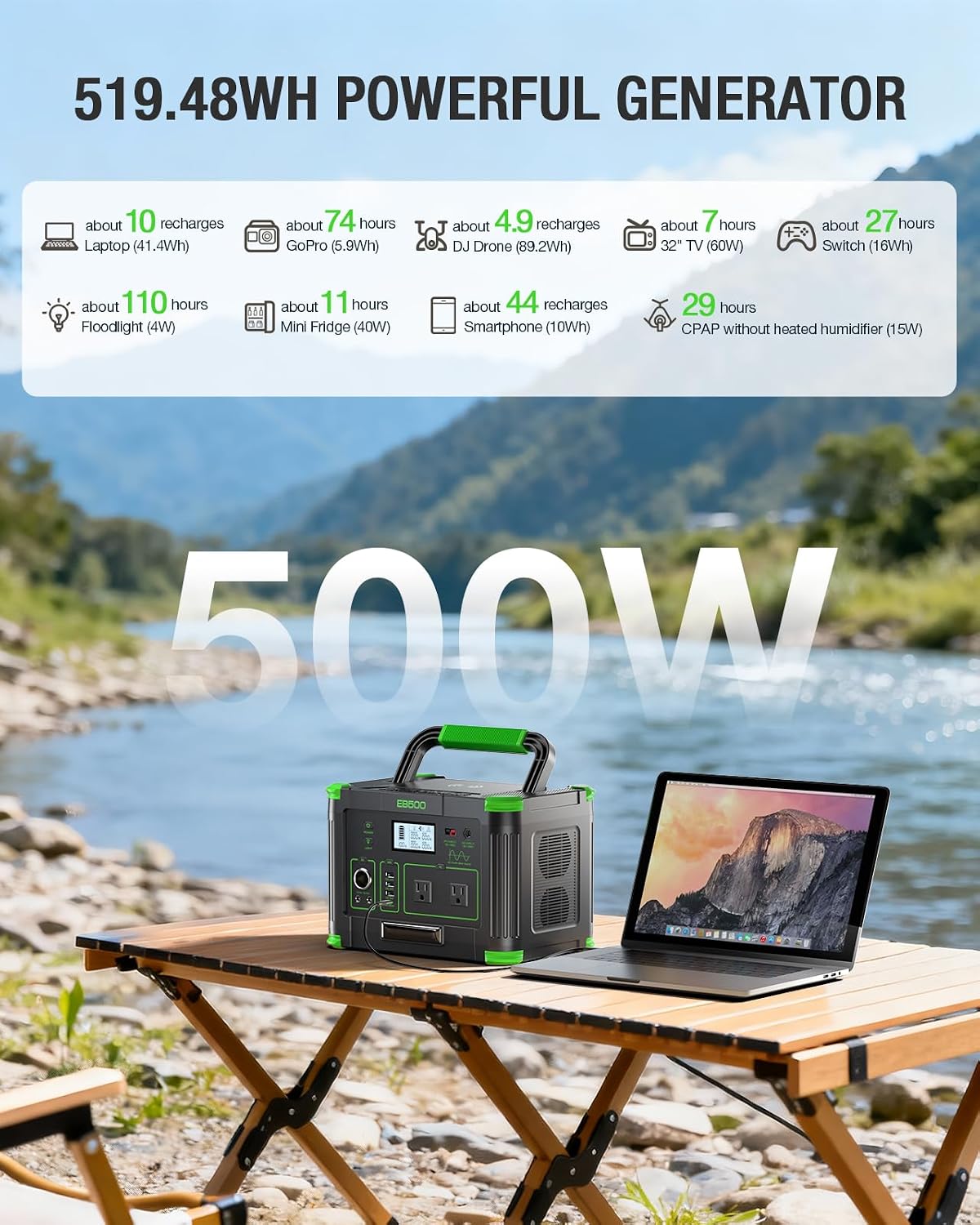 Portable Power Station 500W, 519.48Wh/140400mAh Solar Generator Backup
